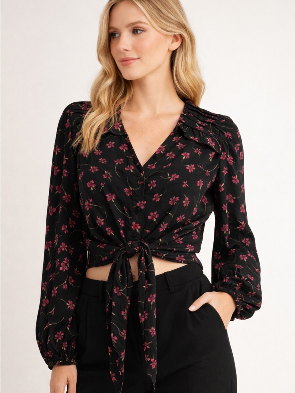 Black Floral Tie Front Blouse Ruffle Collar Cottagecore Top S